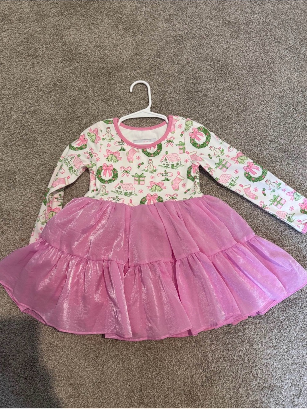 Pink Holiday Print Long-Sleeve Tulle Dress for Kids
